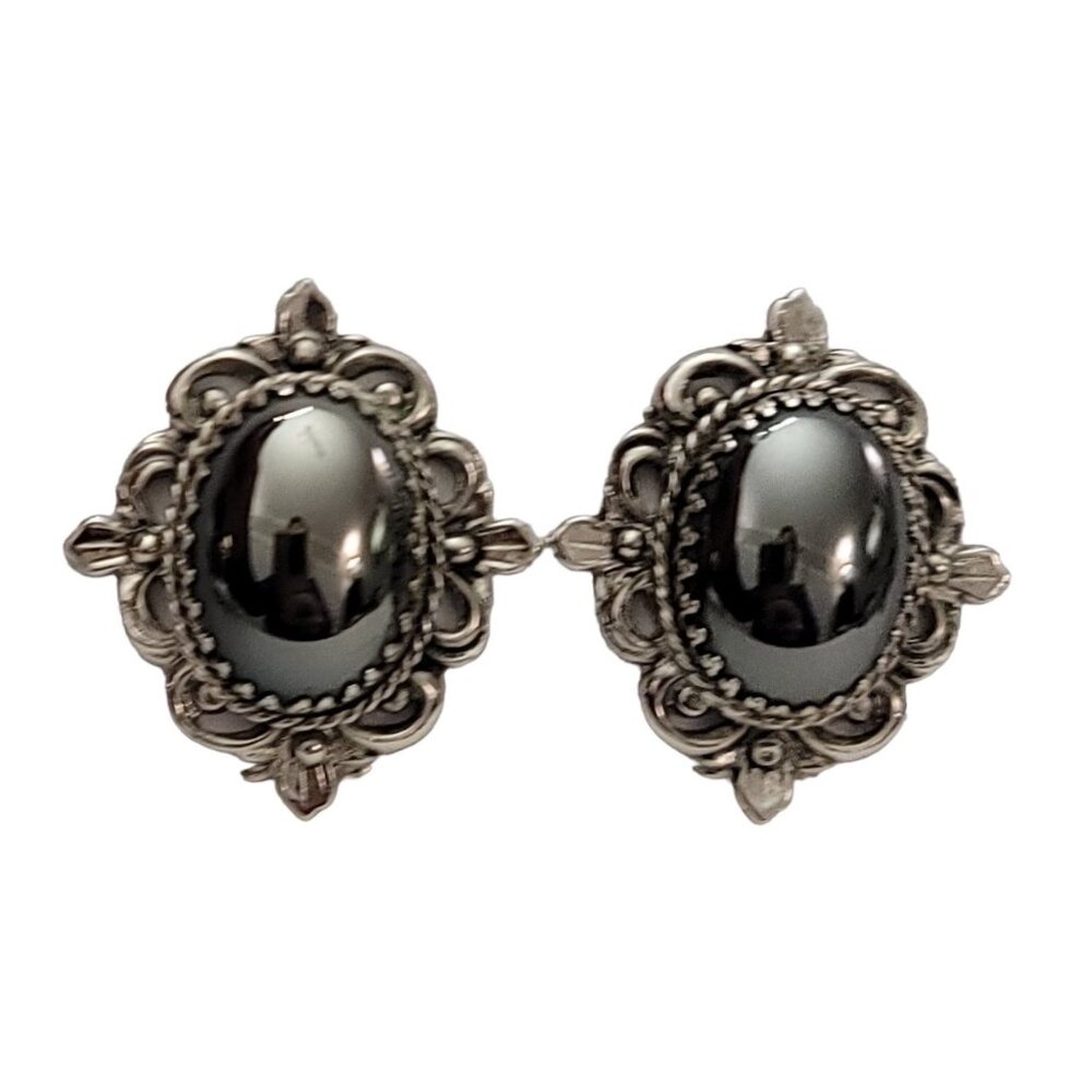 Whiting & Davis Co. Silver Tone Glass Cab Clip-On Earrings, Signed K178